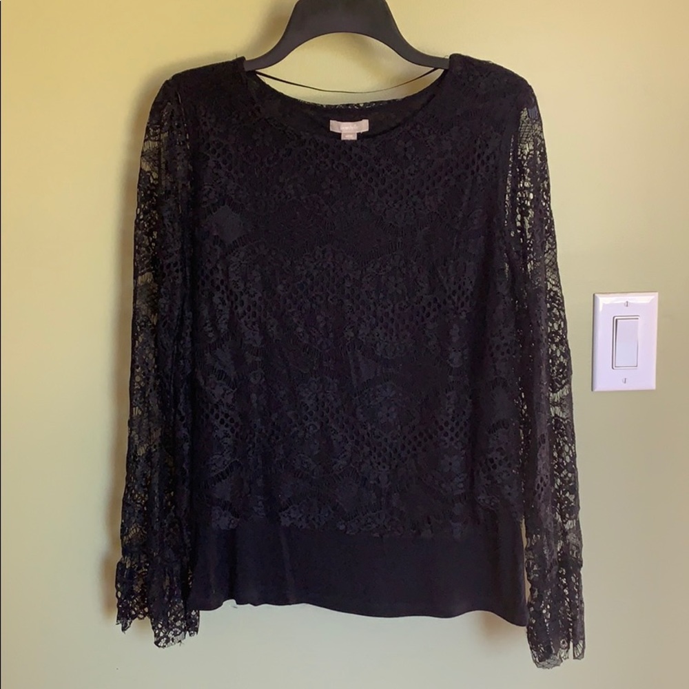 Pointelle black lace blouse